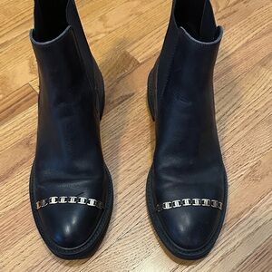 Salvatore Ferragamo Black Leather Moto Boots with Chain Accent